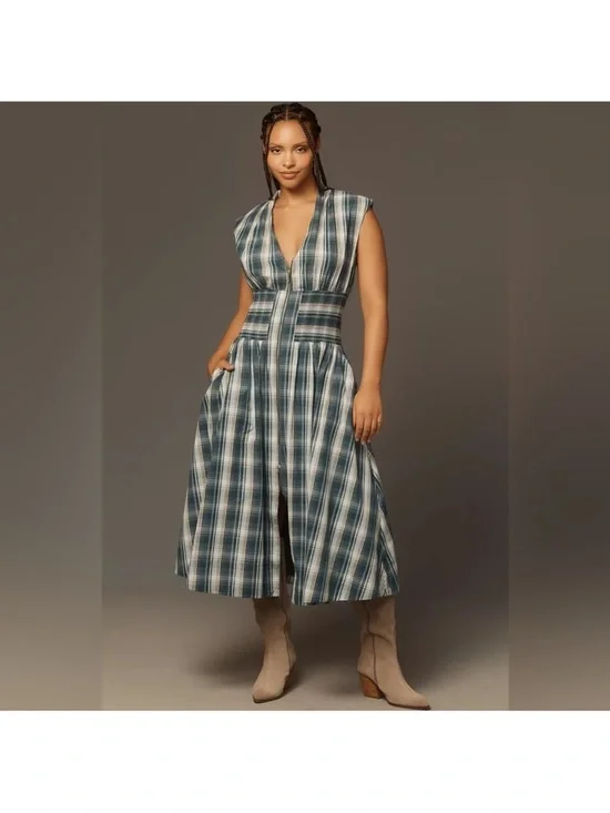 The Tommie Midi Dress Cap-sleeve Blue Plaid Zip-Front Pockets Anthropologie L - Picture 6 of 16